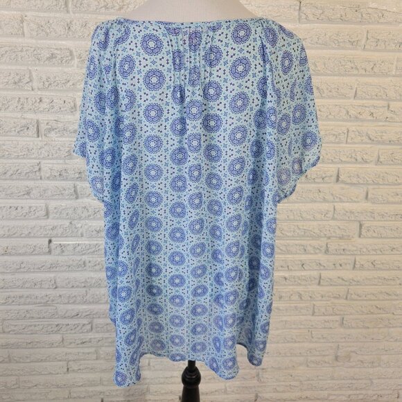 Woman Within Womens Top 2X Tunic Cap Sleeve Blue Geometric Crochet Sheer GEO229E - Picture 5 of 9